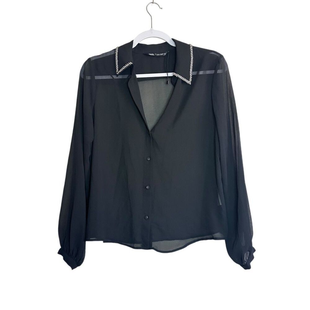 Zara Beaded Collar Semi Sheer Blouse Women S Black V Neck Long Sleeve Cocktail